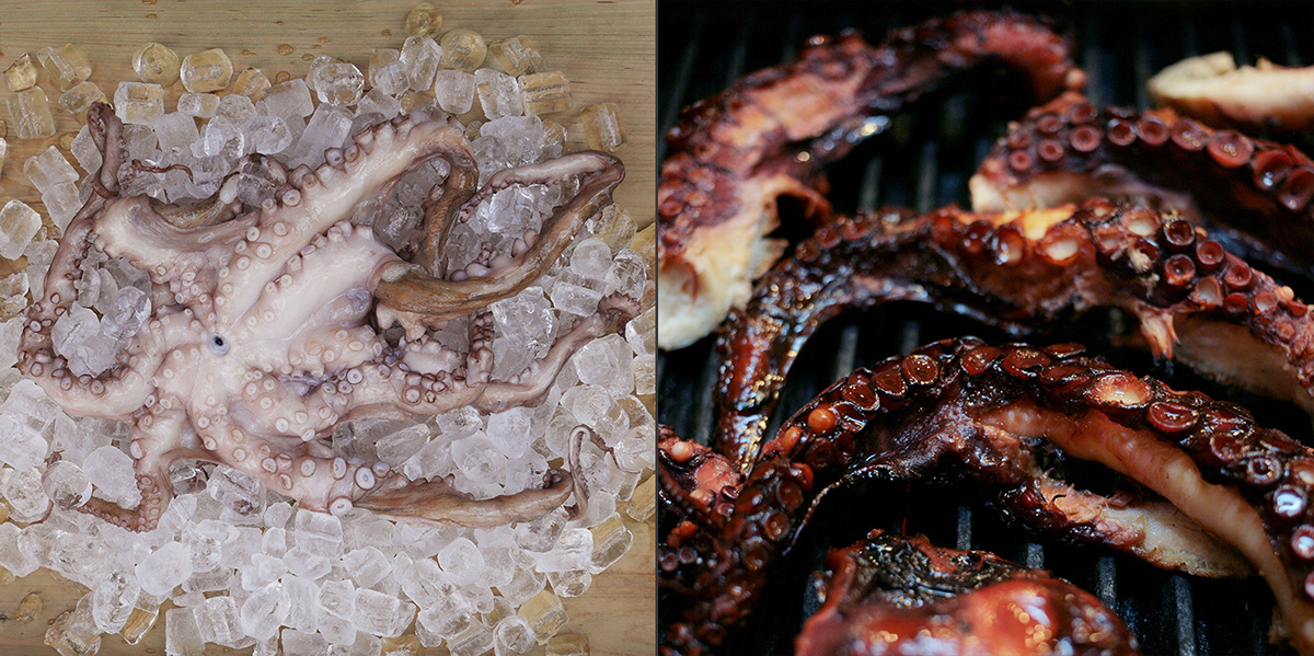 Grilled octopus. Greek cuisine dishes. Cooking school in Ukraine.