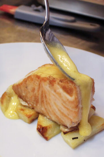 Salmon with vegetables and hollandaise sauce. Step by step cooking recipes of tasty dishes