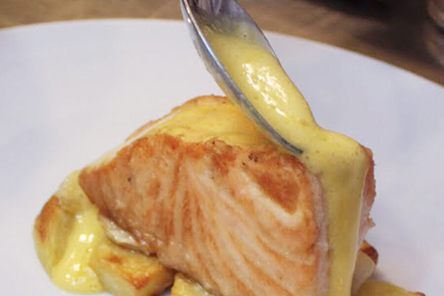 Salmon with vegetables and hollandaise sauce. Step by step cooking recipes of tasty dishes